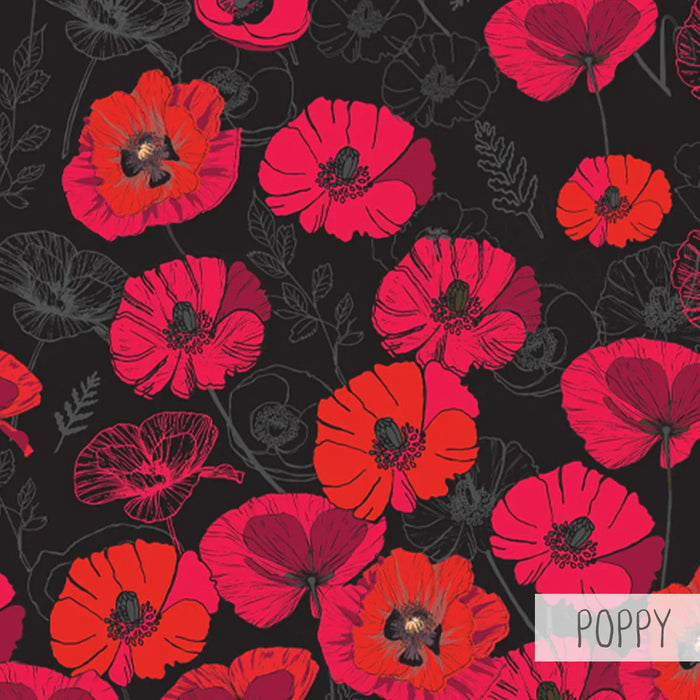 Seamless pattern of vibrant red and pink poppy flowers with black centers on a dark background