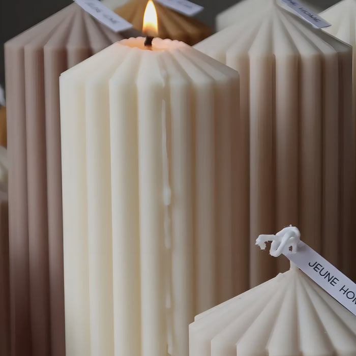 Beige Tall Ribbed Thick Soy Scented Candle 20x7cm