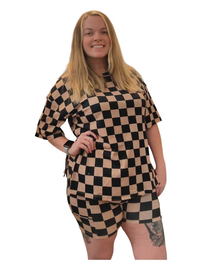 Black & Tan Checks biker short set w/ pockets