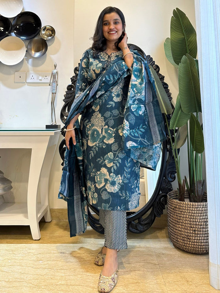 Blue Cutwork Floral Muslin Set