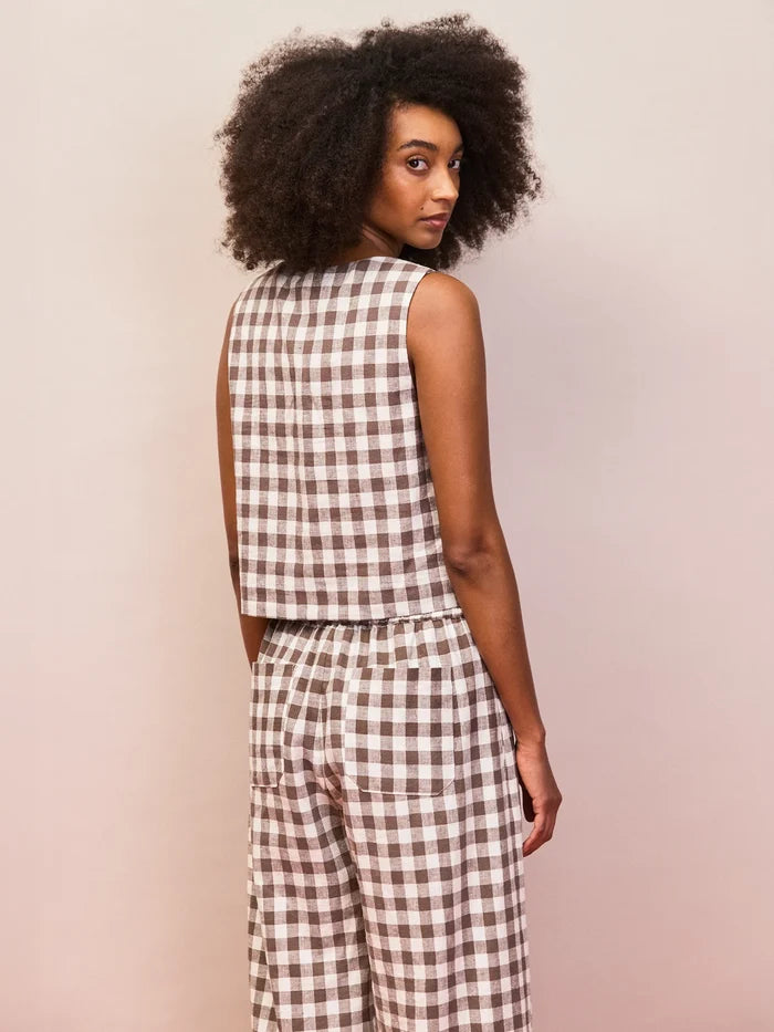 Sleeveless brown gingham linen blend crop top with structured square neckline