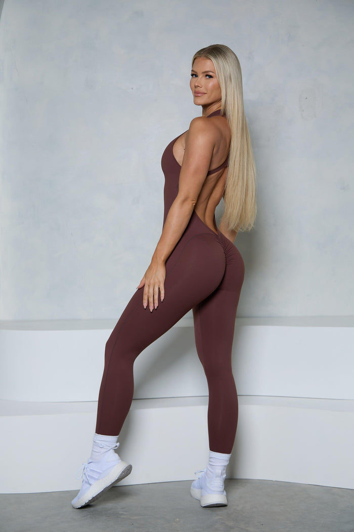 Brown Sleeveless Zipper Scrunch Butt Jumpsuit — lifestyle studio shot