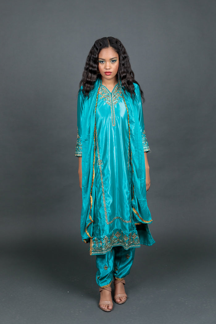 Fancy Embroidered Turquoise With Embroidered Churidaar Pants Suit