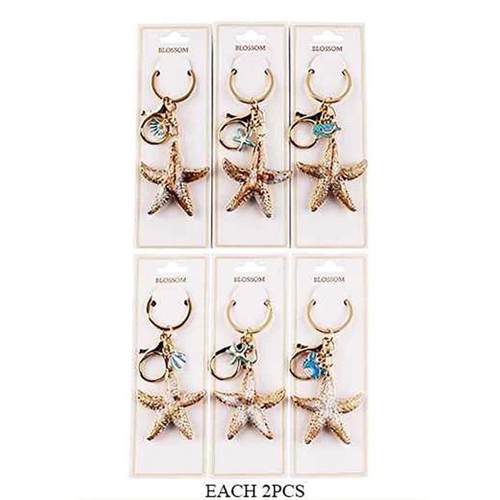 Gold Starfish Keychain with Ocean Charm – 12-Piece Bulk Set (IKC-988)
