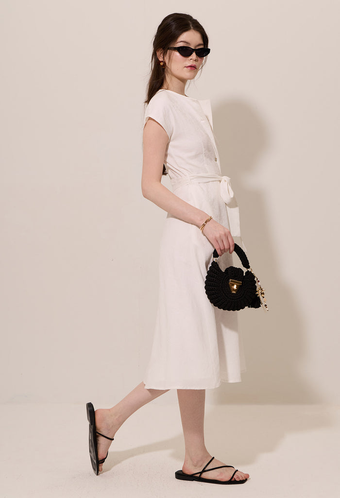 Jacquard Button Down Ribbon Belt Midi Dress