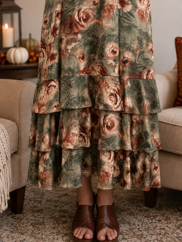Jazzy Sage & Brown Floral Dress-Restock S-3X shipping 8/28/26