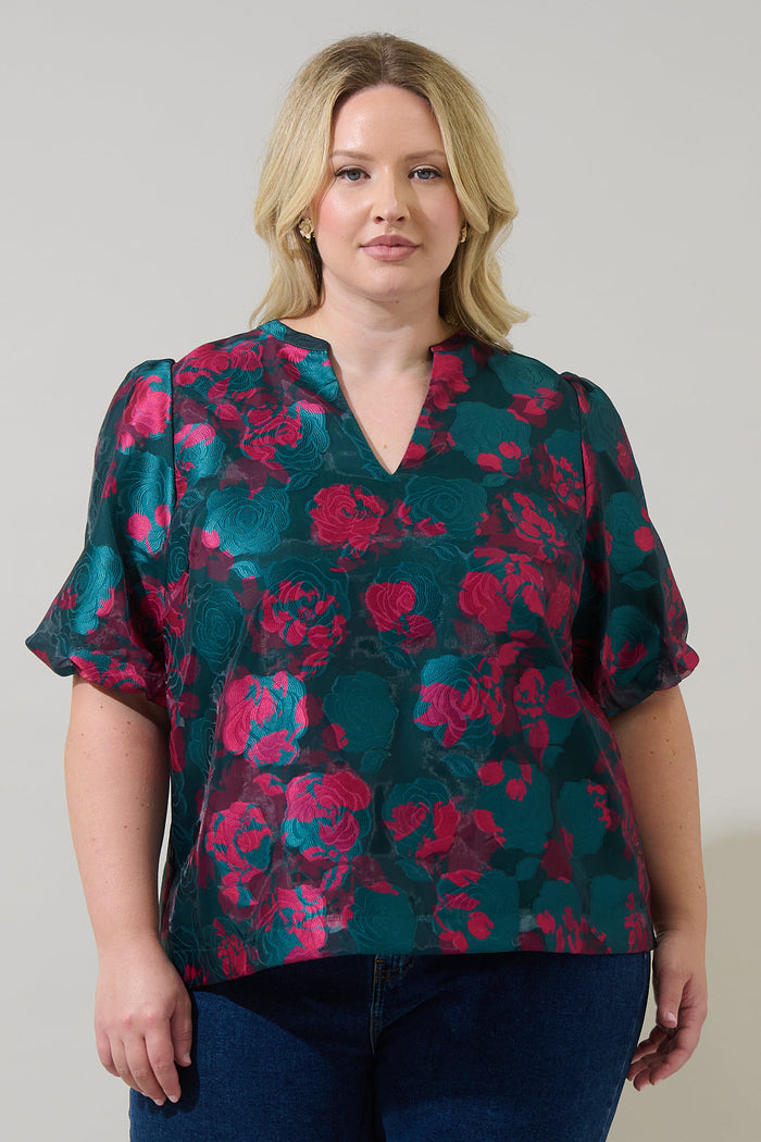 Kaelani Jacquard Tavia Split Neck Top Curve