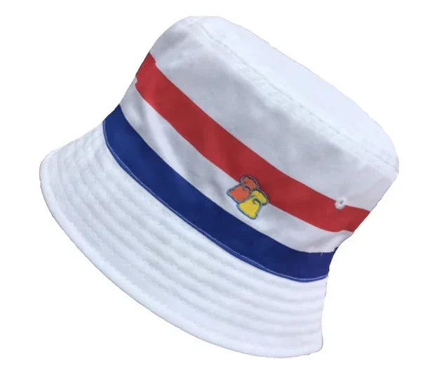 White bucket hat with red, white, and blue stripes and a small colorful logo detail