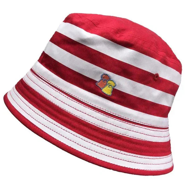 Red and white striped bucket hat with small embroidered candy cane design
