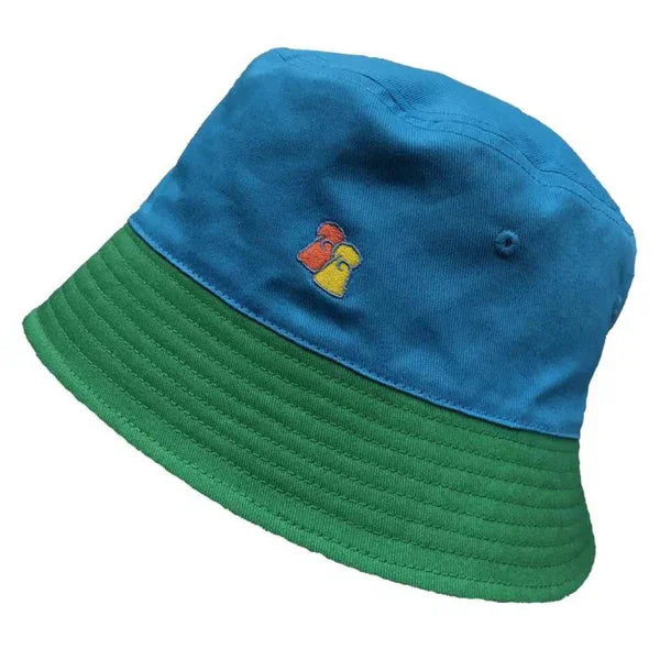 Two-tone bucket hat with blue crown, green brim, and small embroidered red and yellow bells