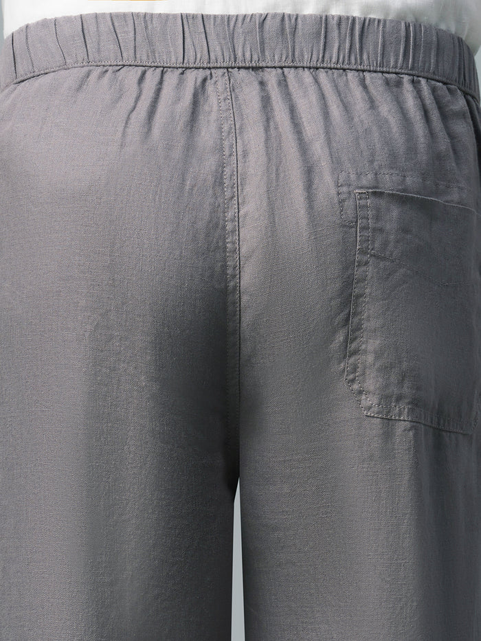 Men's 100% Linen Drawstring Regular Fit Pants Grey