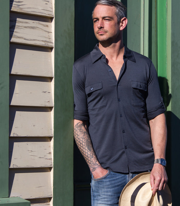 Model wearing Men's Silkspun Travel Shirt