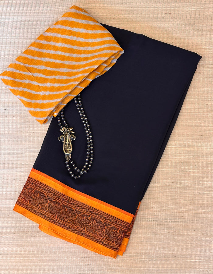 Mishrita Peacock Border Chiffon Saree - Black & Mustard