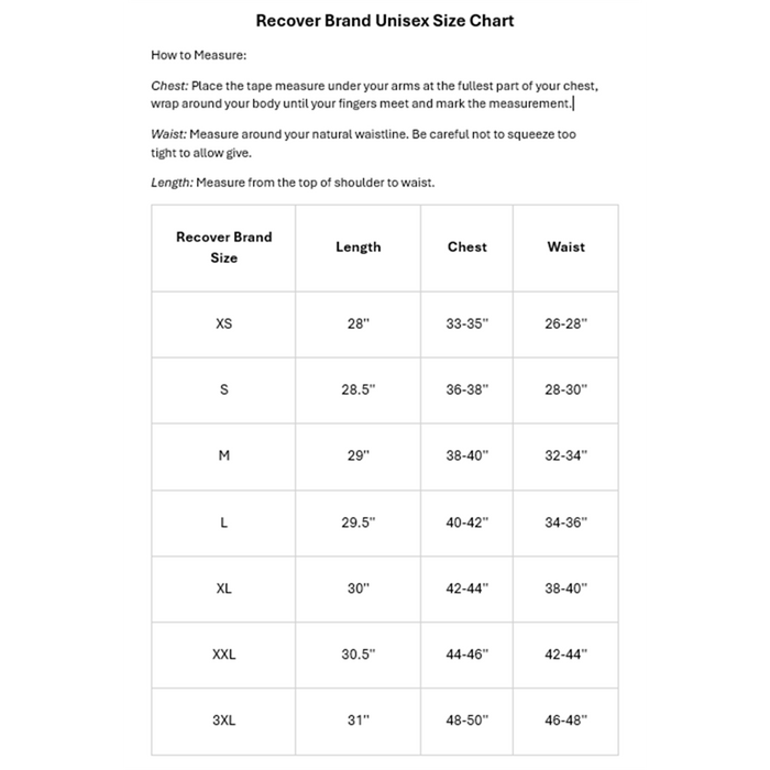 Size chart to help with ordering. Includes measurements.