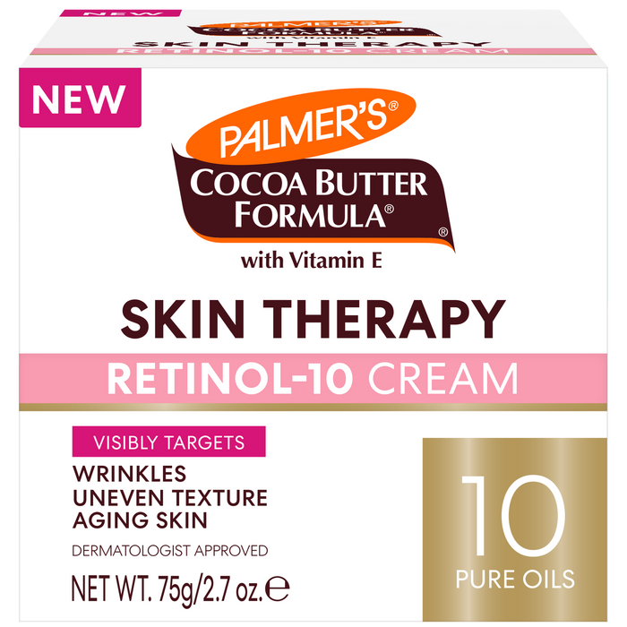 Palmer's Skin Therapy Oil Retinol-10 Cream 75g box highlights NEW, dermatologist-approved formula, targets wrinkles, uneven texture, aging skin with 10 pure oils and Vitamin E.
