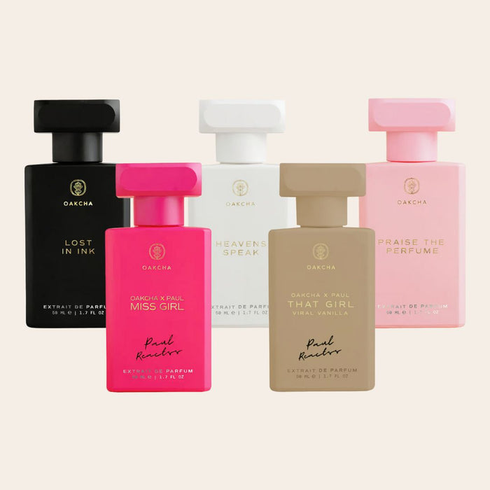Front view of Paul Reactss Favs bundle showcasing five perfume bottles in black, white, pink, hot pink, and beige on a pale background