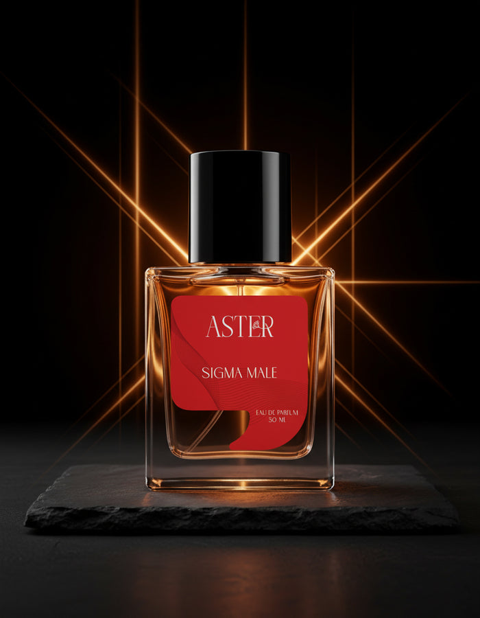Perfume bottle labeled 'Aster Sigma Male' with a red label on a dark background