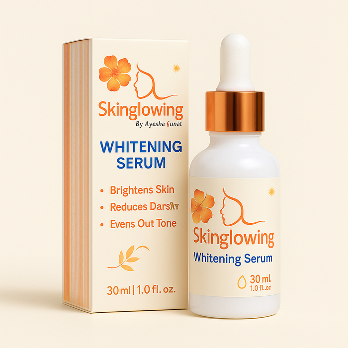 Skinglowing Whitening Serum bottle and packaging on a beige background
