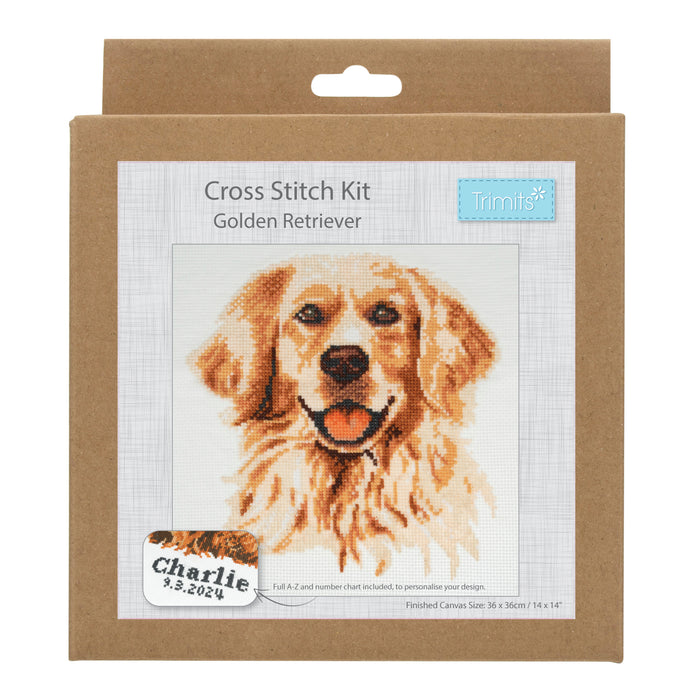 Trimits Counted Cross Stitch Kit Large: Golden Lab Retriver , 36x36cm, Includes Aida Fabric, Pre-Sorted Threads, Needle, Personalizing...