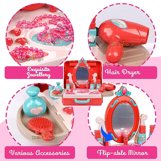 White Whale Beauty Set for Kids Girls 3 in 1 Learning Educational Make Up Suitcase Kit with Makeup Accessories Pretend Play Set Portable Suitcase Toy Gift for Girls - Pink