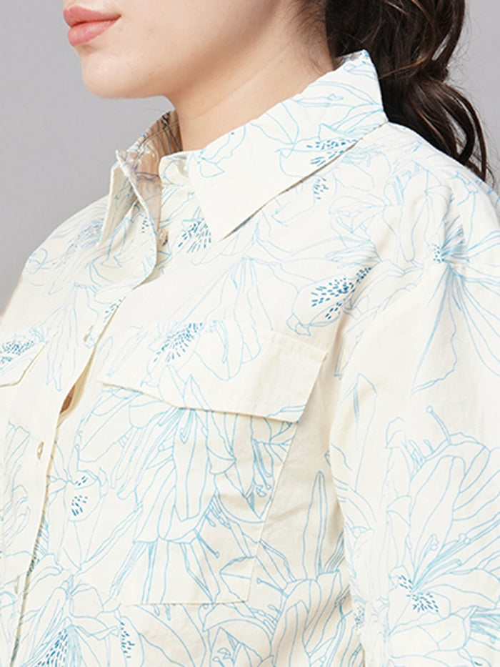 Women's Cotton Regular Fit Cropped Printed Blouse Blue
