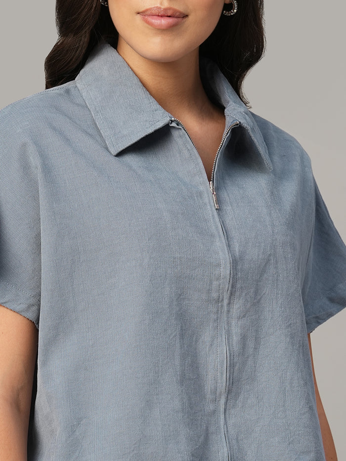 Women's Grey 100% Cotton Regular Fit Blouse