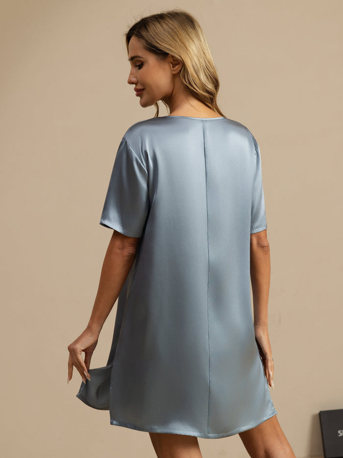 [Grayish Blue] SilkSilky  Half Sleeve V Neck Nightgown 002