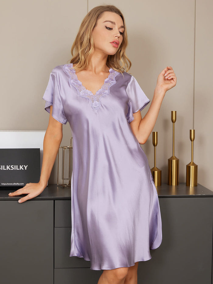 [Purple] SilkSilky  Short Sleeve V Neck Nightgown 005