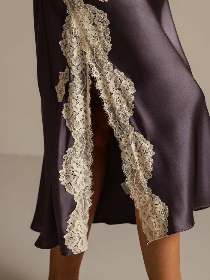 [Purple Gray] SilkSilky  Spaghetti Strap V Neck Nightgown 006