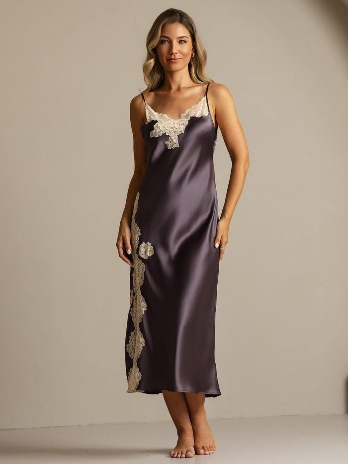 [Purple Gray] SilkSilky  Spaghetti Strap V Neck Nightgown 008