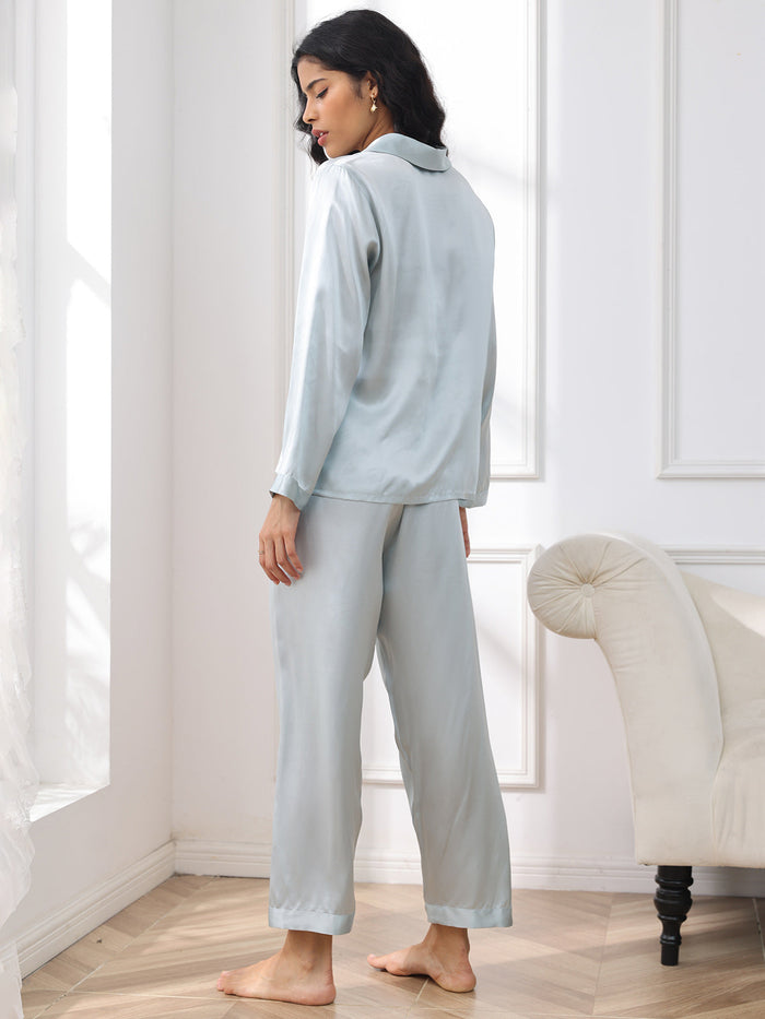 [Light Blue] SilkSilky  Long Sleeve Lapel Collar Women's Pajamas 002