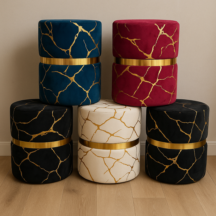 17" INCH Ottoman Round Velvet Stool with Gold Detailing – Modern Accent Chair for Living Room, Bedroom, or Entryway – Multiple Colours