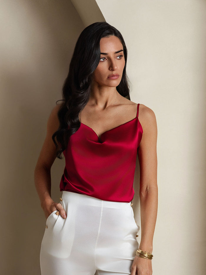 [Wine] SilkSilky  Spaghetti Strap Cowl Neck Camisole Top 003
