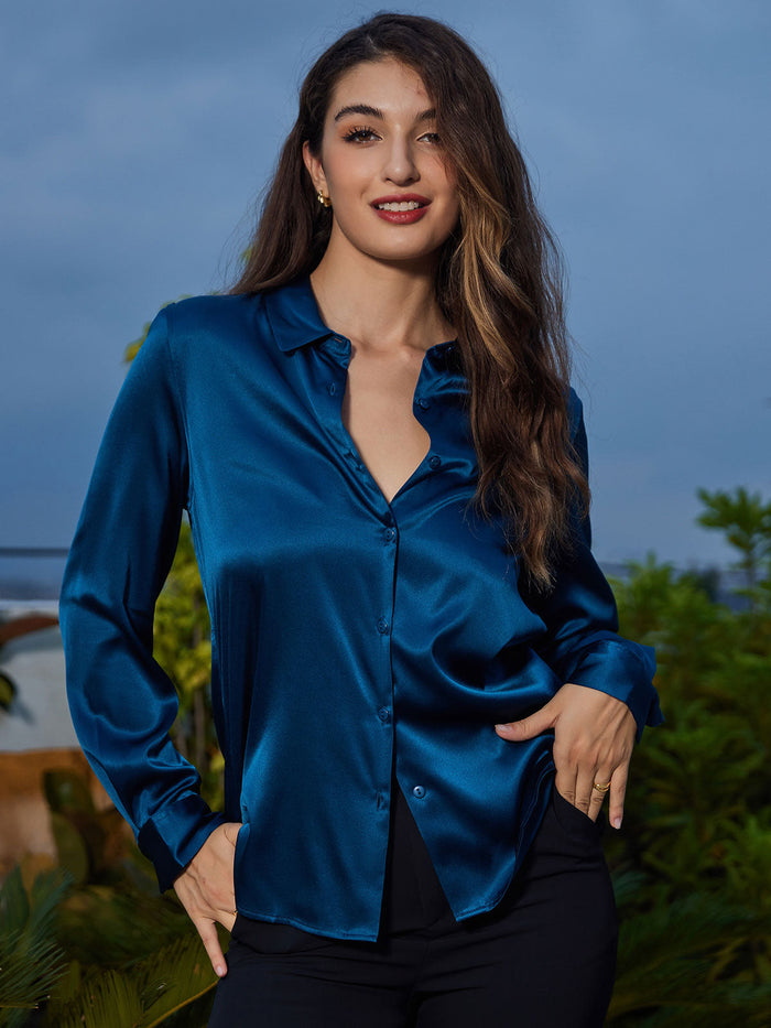 [Teal] SilkSilky  Long Sleeve Lapel Collar Women's Shirts 001