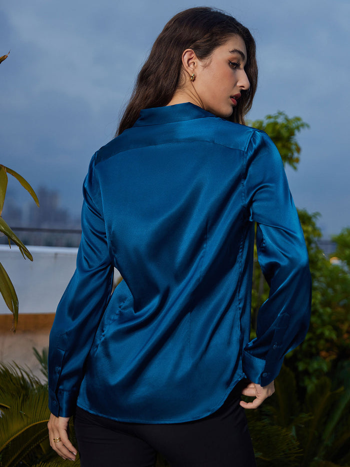 [Teal] SilkSilky  Long Sleeve Lapel Collar Women's Shirts 002