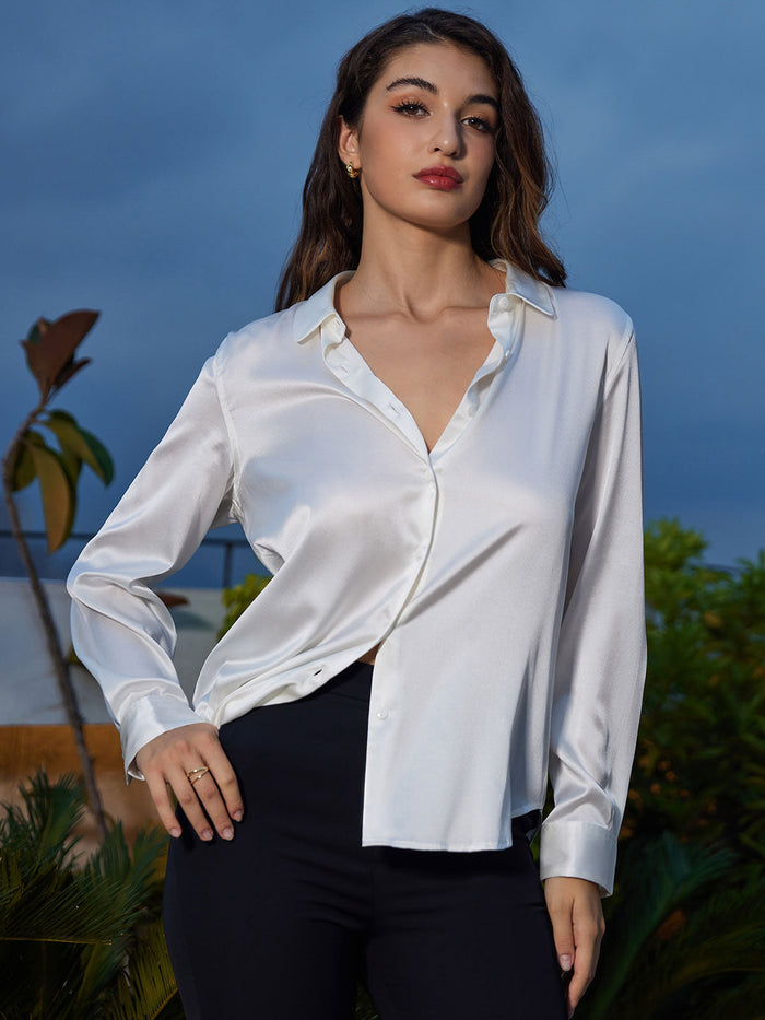[White] SilkSilky  Long Sleeve Lapel Collar Women's Shirts 001