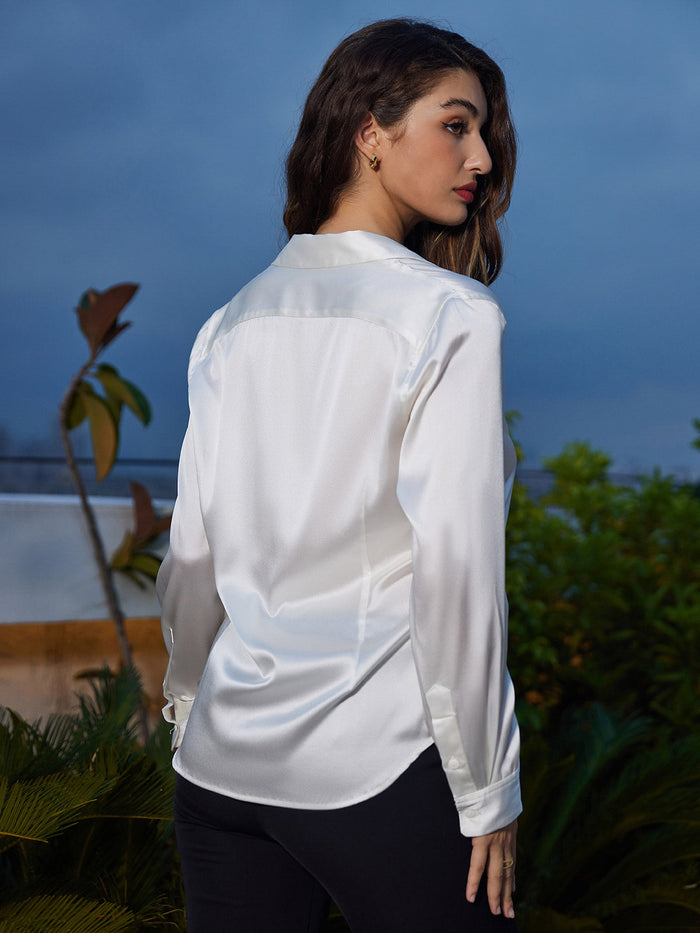 [White] SilkSilky  Long Sleeve Lapel Collar Women's Shirts 002