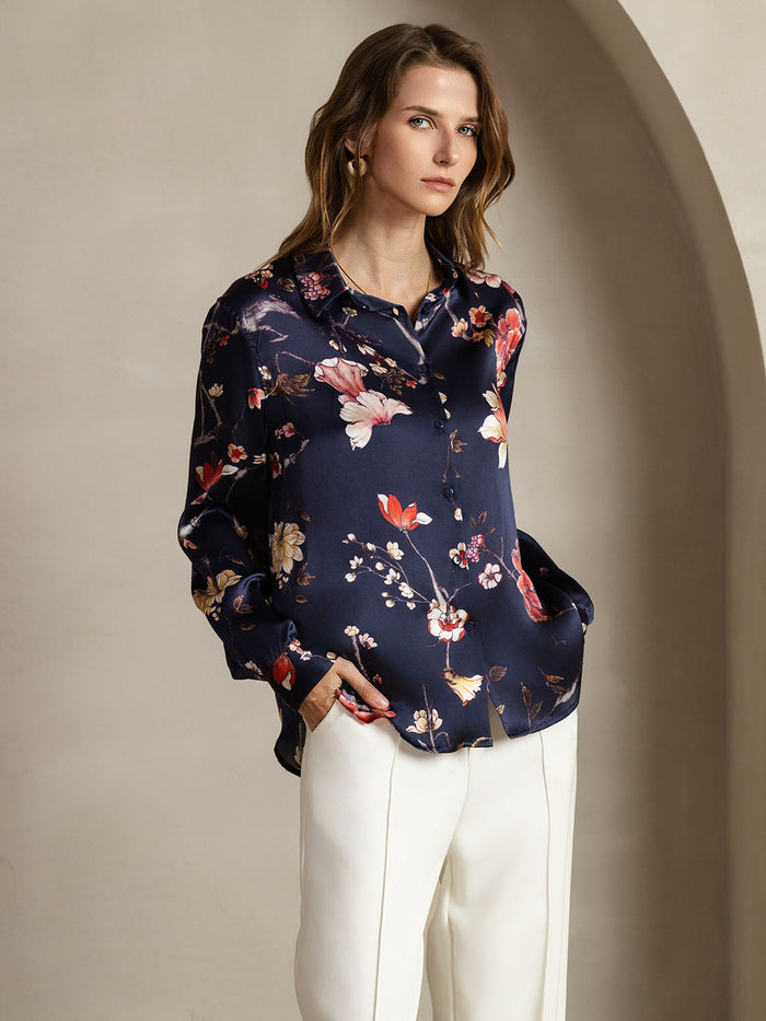 [Navy Floral] SilkSilky  Long Sleeve Lapel Collar Women's Shirts 001
