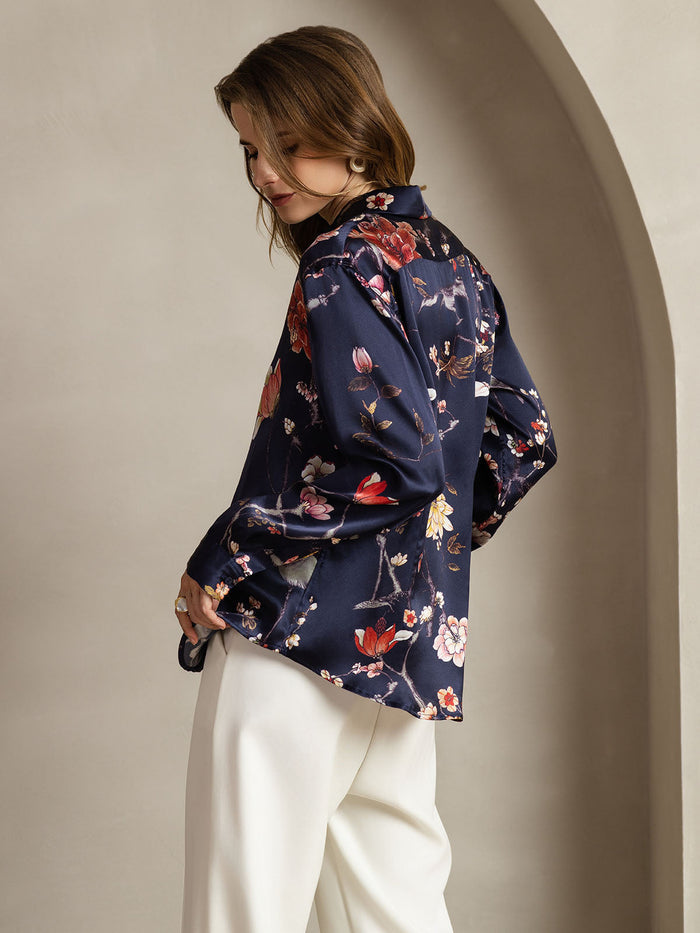 [Navy Floral] SilkSilky  Long Sleeve Lapel Collar Women's Shirts 002