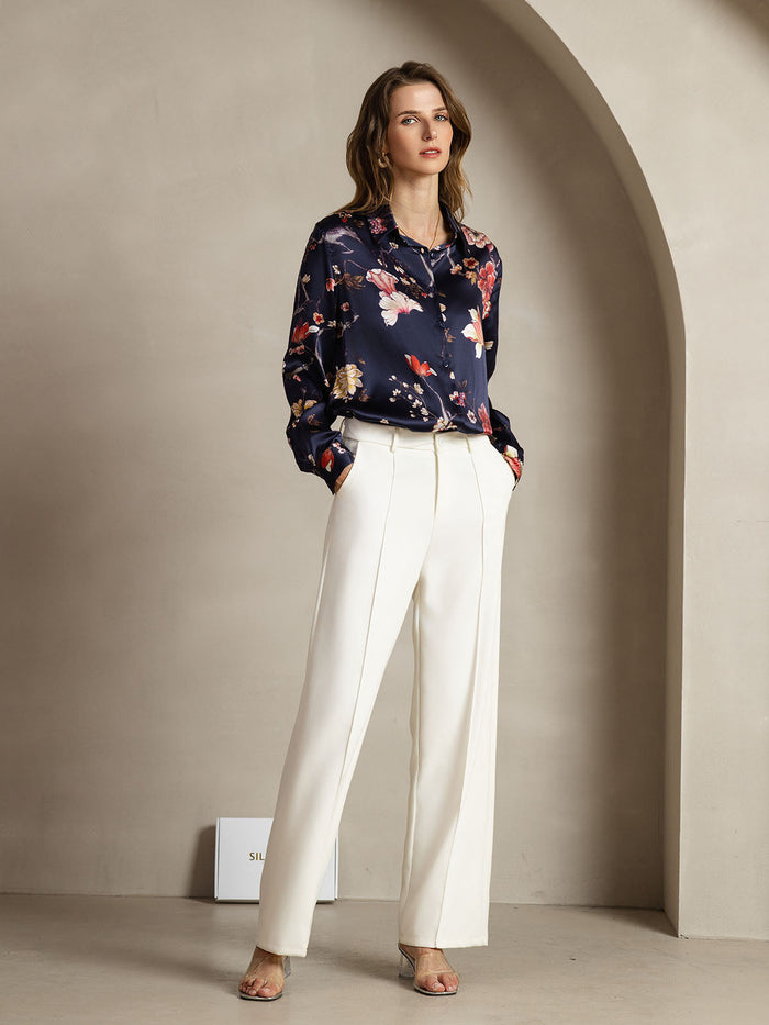 [Navy Floral] SilkSilky  Long Sleeve Lapel Collar Women's Shirts 003