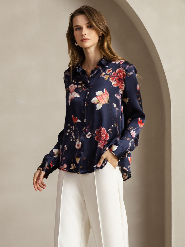 [Navy Floral] SilkSilky  Long Sleeve Lapel Collar Women's Shirts 004
