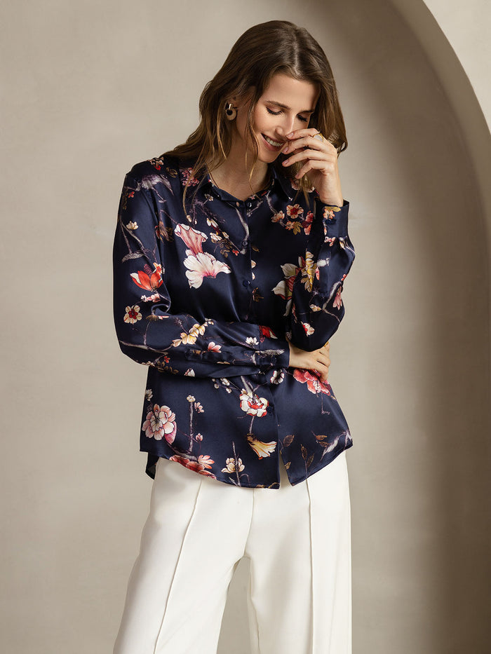 [Navy Floral] SilkSilky  Long Sleeve Lapel Collar Women's Shirts 005