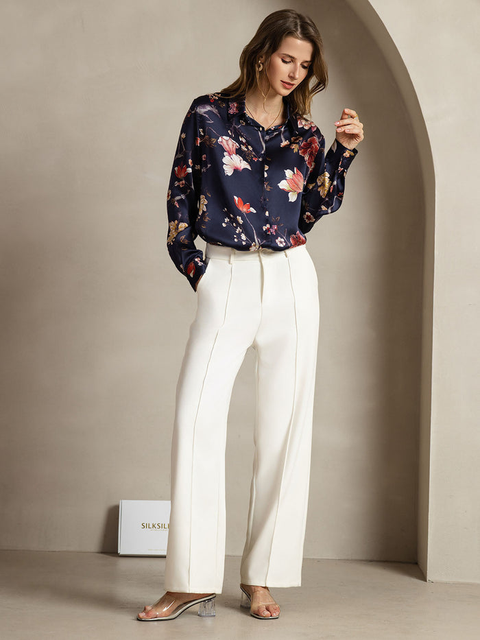 [Navy Floral] SilkSilky  Long Sleeve Lapel Collar Women's Shirts 006