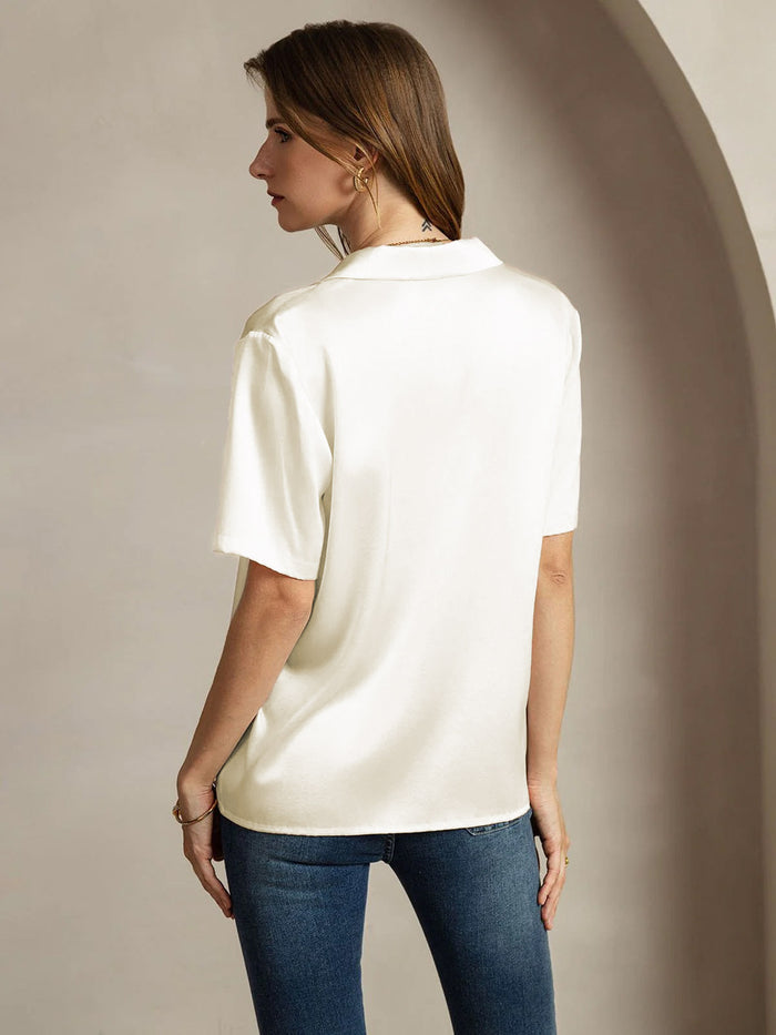 [Ivory] SilkSilky  Short Sleeve Lapel Collar Women's Shirts 002