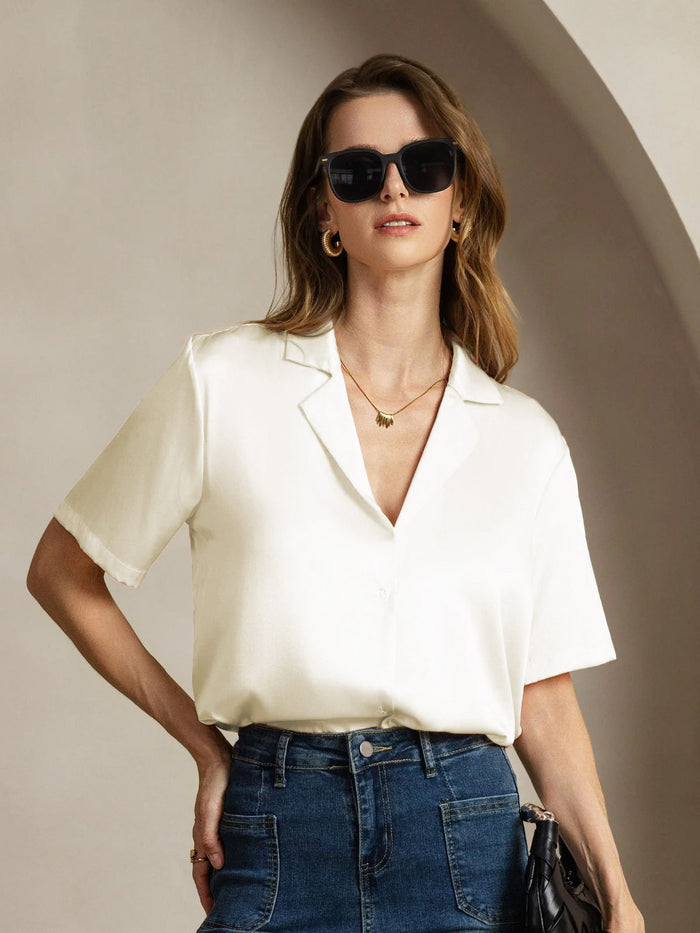 [Ivory] SilkSilky  Short Sleeve Lapel Collar Women's Shirts 003
