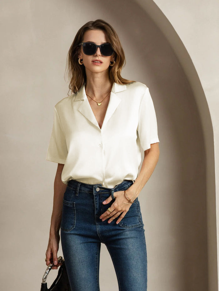 [Ivory] SilkSilky  Short Sleeve Lapel Collar Women's Shirts 005