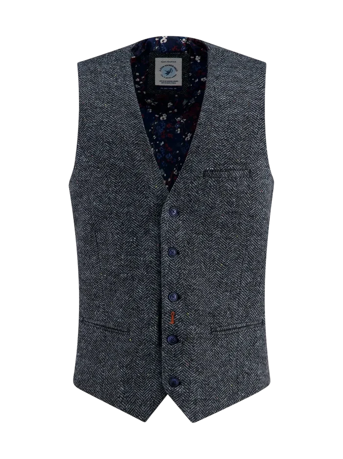 A FISH NAMED FRED WAISTCOAT BRUSHED HERRINGBONE, JEANS BLUE