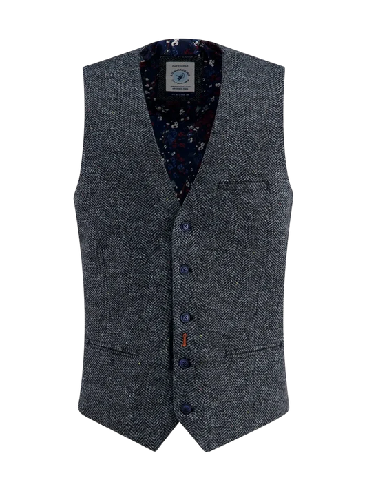 A FISH NAMED FRED WAISTCOAT BRUSHED HERRINGBONE, JEANS BLUE