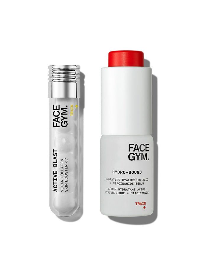 Active Blast vegan collagen skin booster 7-day pack and hyaluronic acid serum 15ml pack shot