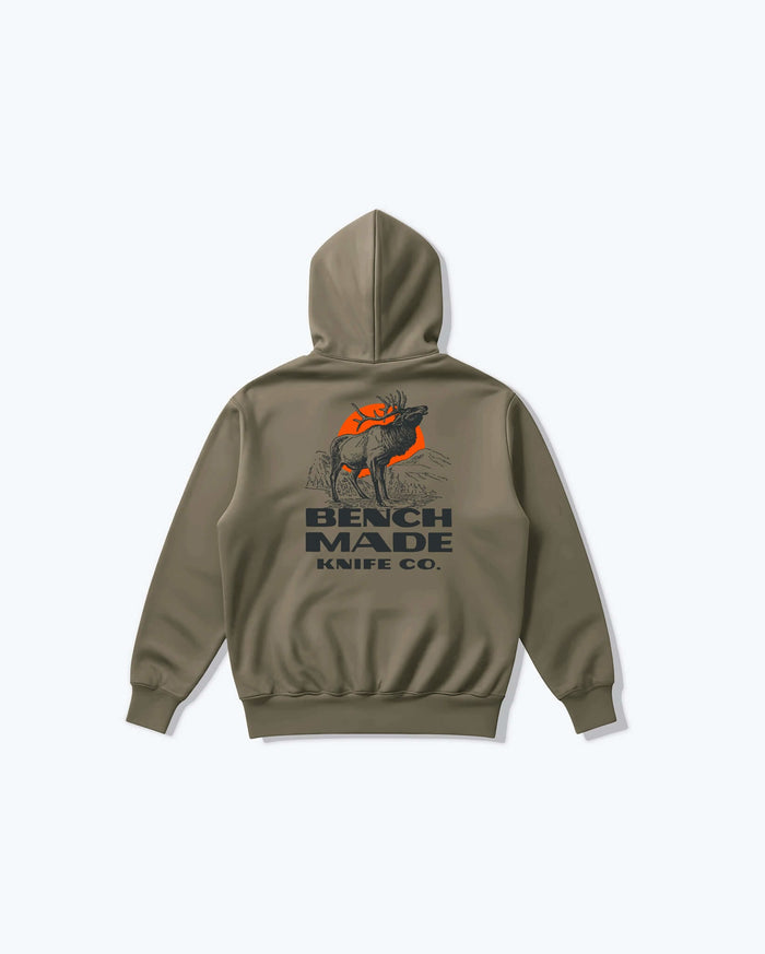 Olive Antler Pullover Hoodie - Back view showing elk hunting graphic | Benchmade Knife Co.